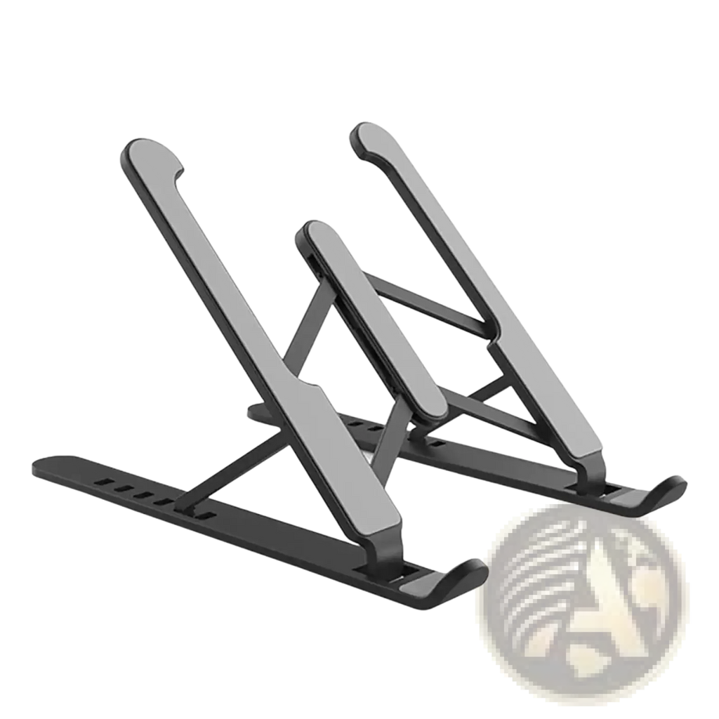 Black and silver foldable adjustable laptop stand with sleek minimalist design for ergonomic use