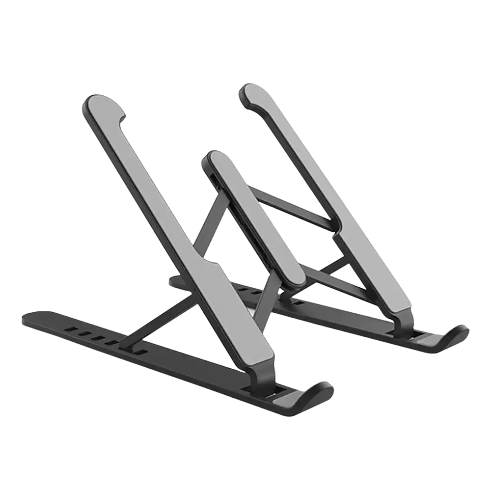 Black and silver foldable adjustable laptop stand with sleek minimalist design for ergonomic use