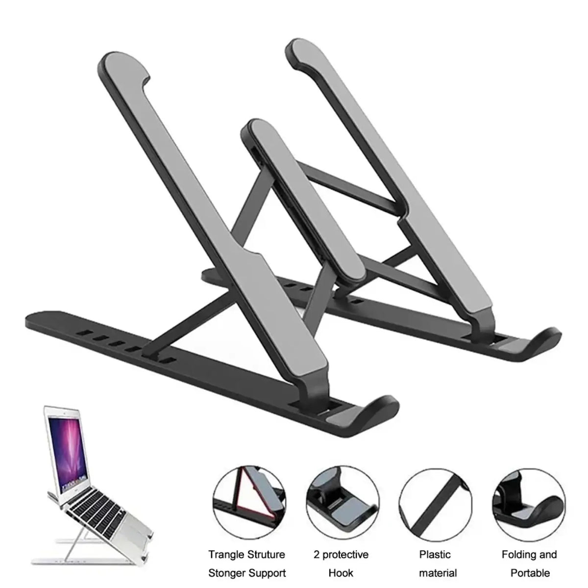 Foldable adjustable laptop stand in black and silver with a triangular structure for sturdy ergonomic support