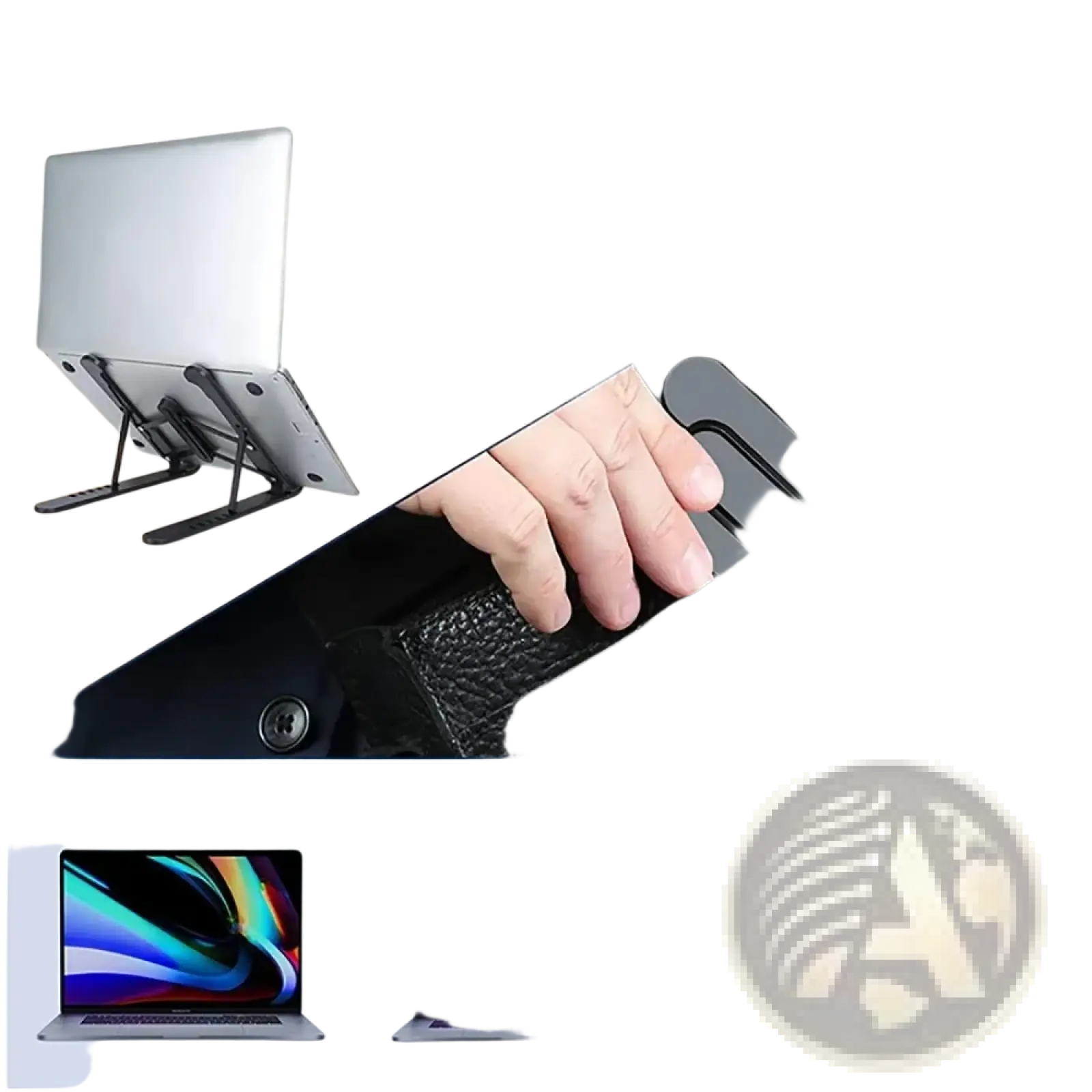Black textured foldable adjustable laptop stand ergonomic holder with height adjustment and universal device compatibility