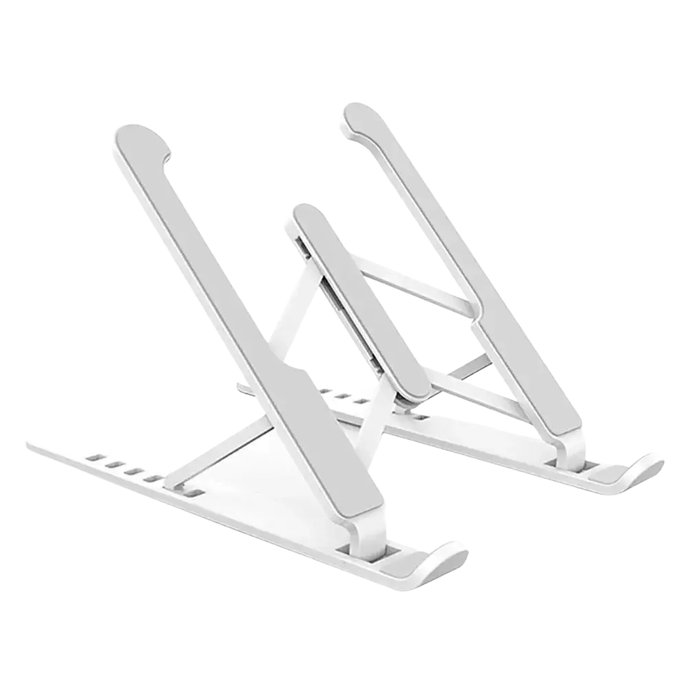 White foldable adjustable laptop stand with a sleek minimalist design and smooth plastic finish ergonomic holder