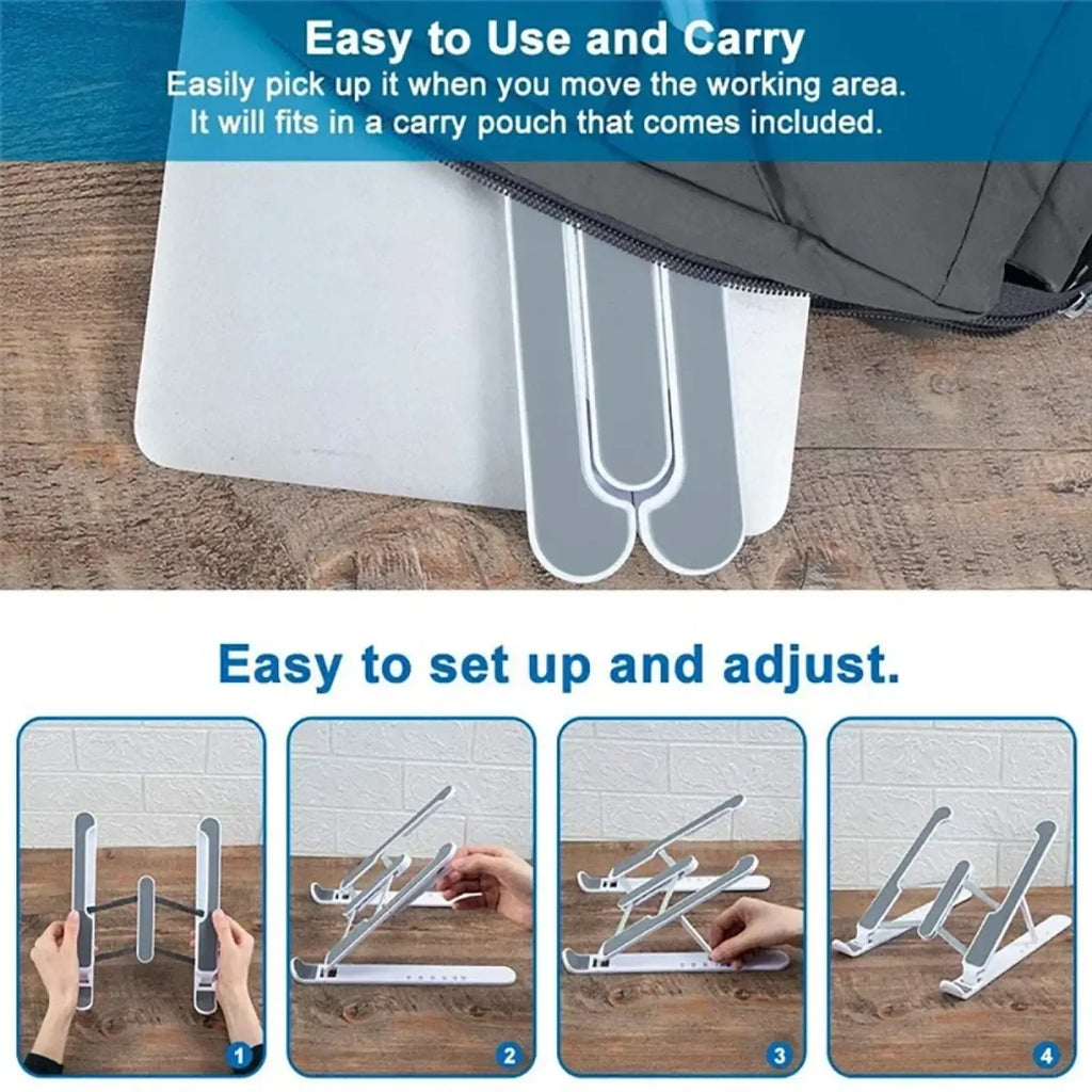 Foldable adjustable laptop stand ergonomic holder in white and gray with a sleek minimalist design for ergonomic use