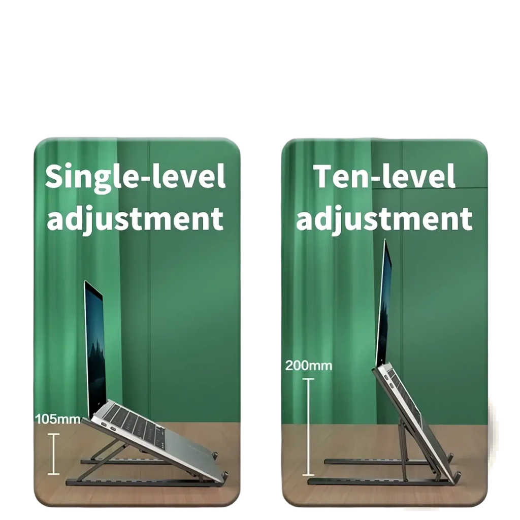 Foldable adjustable laptop stand with sleek metallic finish and foldable design offering ten-level height settings