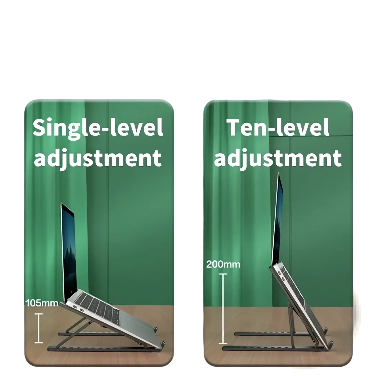 Foldable adjustable laptop stand with sleek metallic finish and foldable design offering ten-level height settings