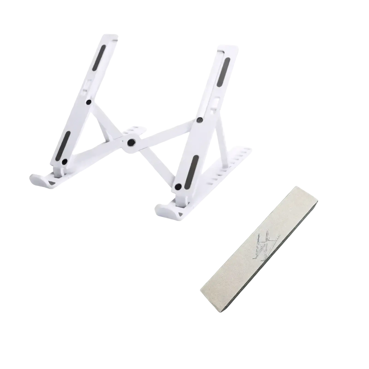 Foldable adjustable laptop stand in white with black accents featuring 10 position settings for ergonomic use