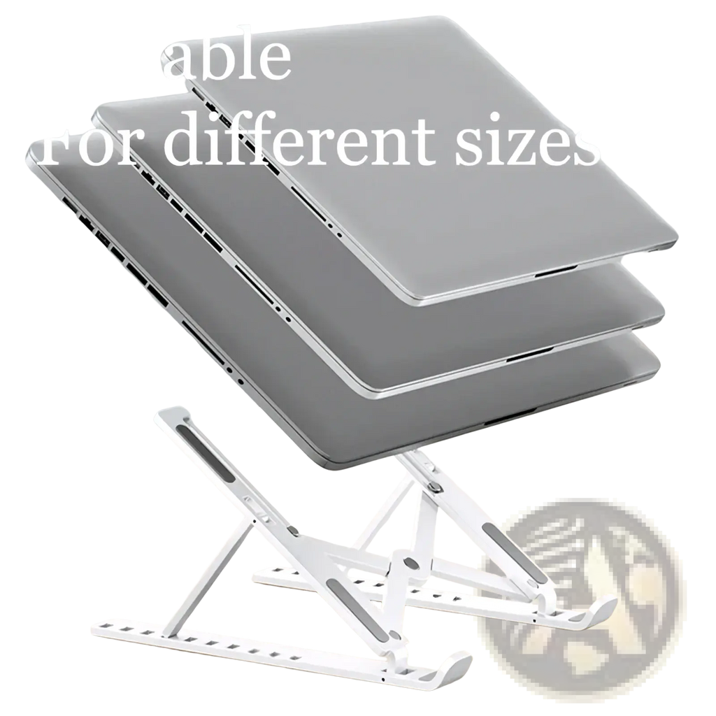 Adjustable white metal foldable laptop stand designed to support various laptop sizes for ergonomic use
