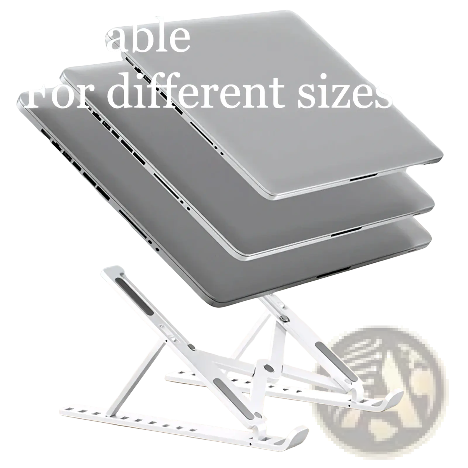 Adjustable white metal foldable laptop stand designed to support various laptop sizes for ergonomic use