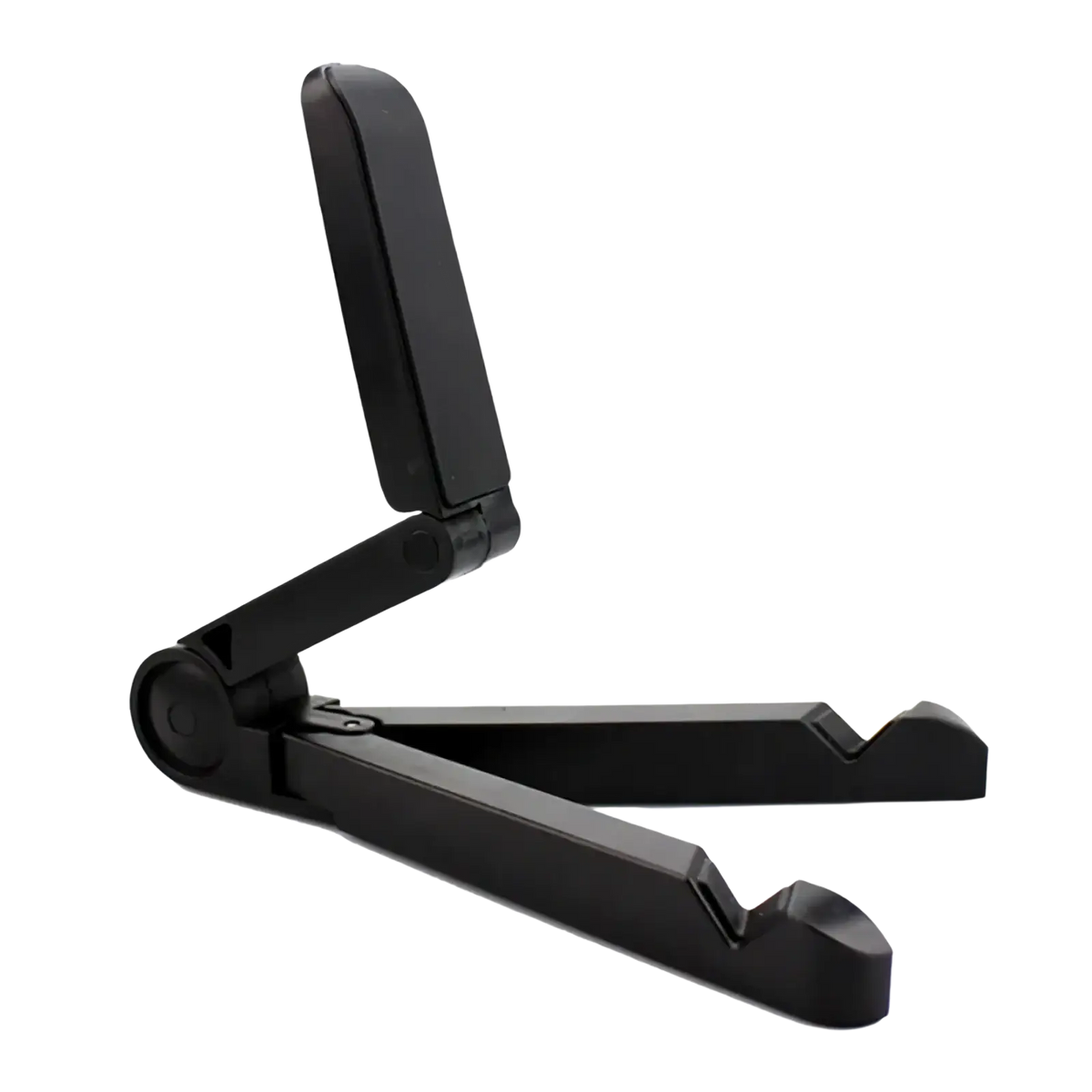 Black foldable adjustable tablet and phone stand with sleek minimalist design and smooth plastic finish
