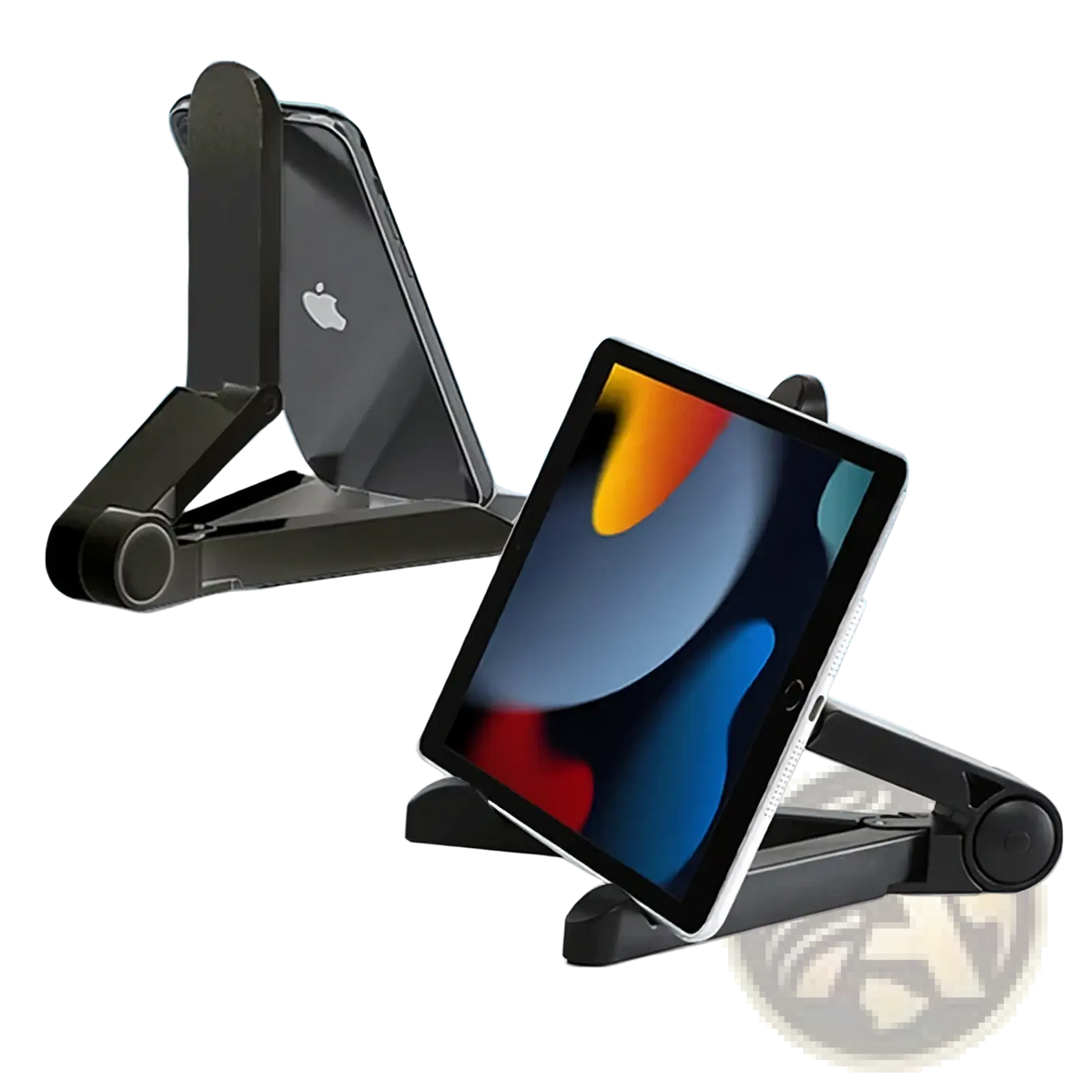 Black foldable adjustable tablet and phone stand with sleek minimalist design for versatile device support