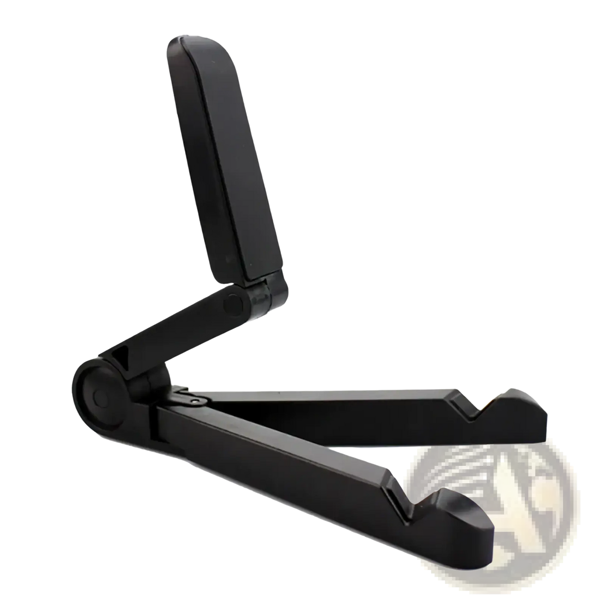 Black foldable adjustable tablet and phone stand with sleek minimalist design and smooth plastic finish