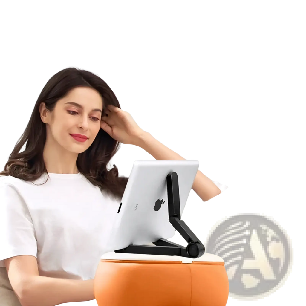 Black foldable adjustable tablet and phone stand made of durable material holding a white iPad upright