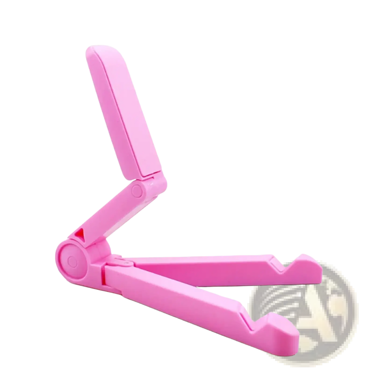 Pink plastic foldable adjustable tablet and phone stand shown from the back side for versatile device support