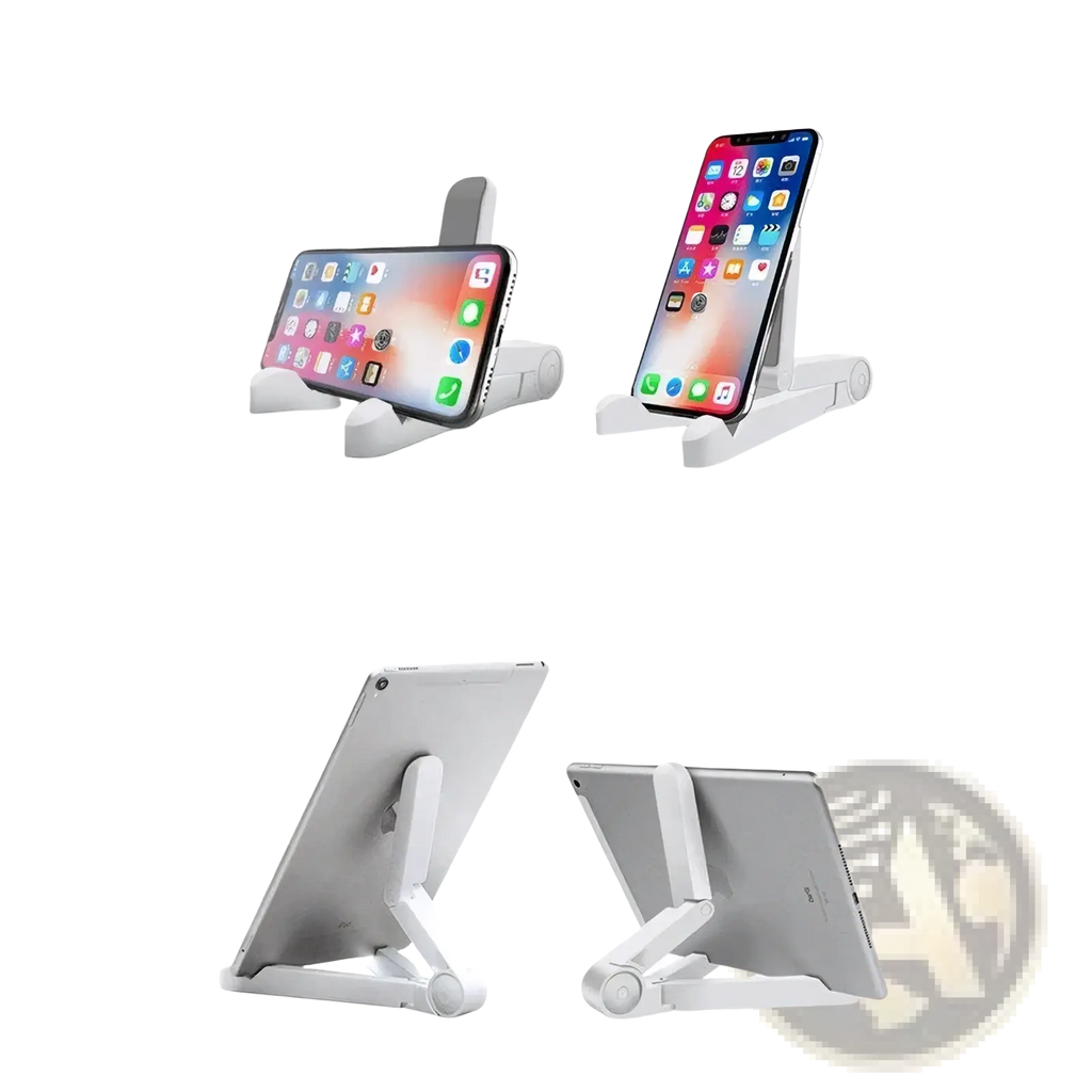 White foldable adjustable tablet and phone stand made of durable material for versatile device support and portability