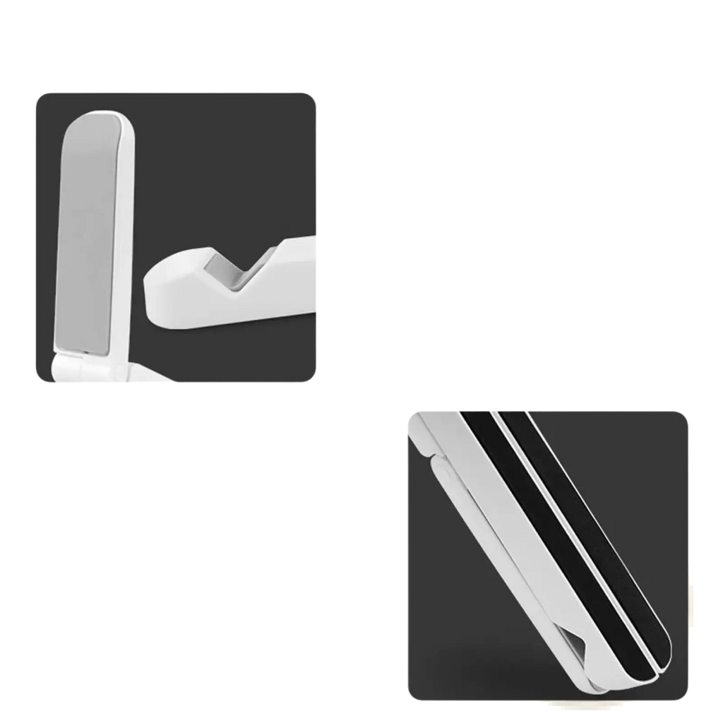 White foldable adjustable tablet and phone stand with anti-slip silicone and sponge pads for secure device placement