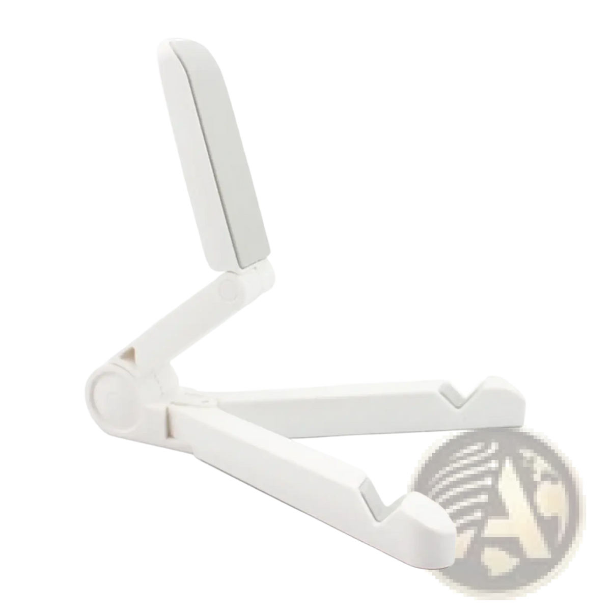 White plastic foldable adjustable tablet and phone stand showing the back side of the product