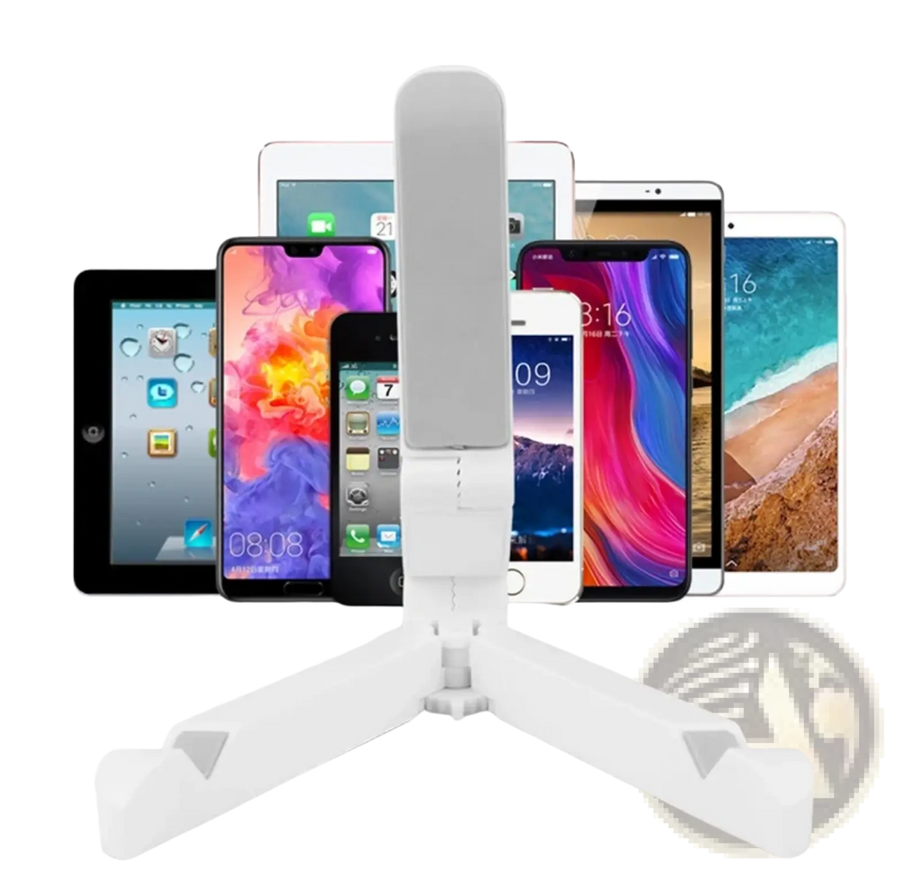 White plastic foldable adjustable tripod phone stand for tablets and phones shown from the back side