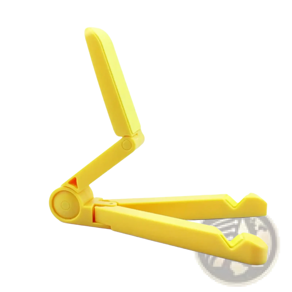 Yellow plastic foldable adjustable phone stand designed for tablets and phones with portability features
