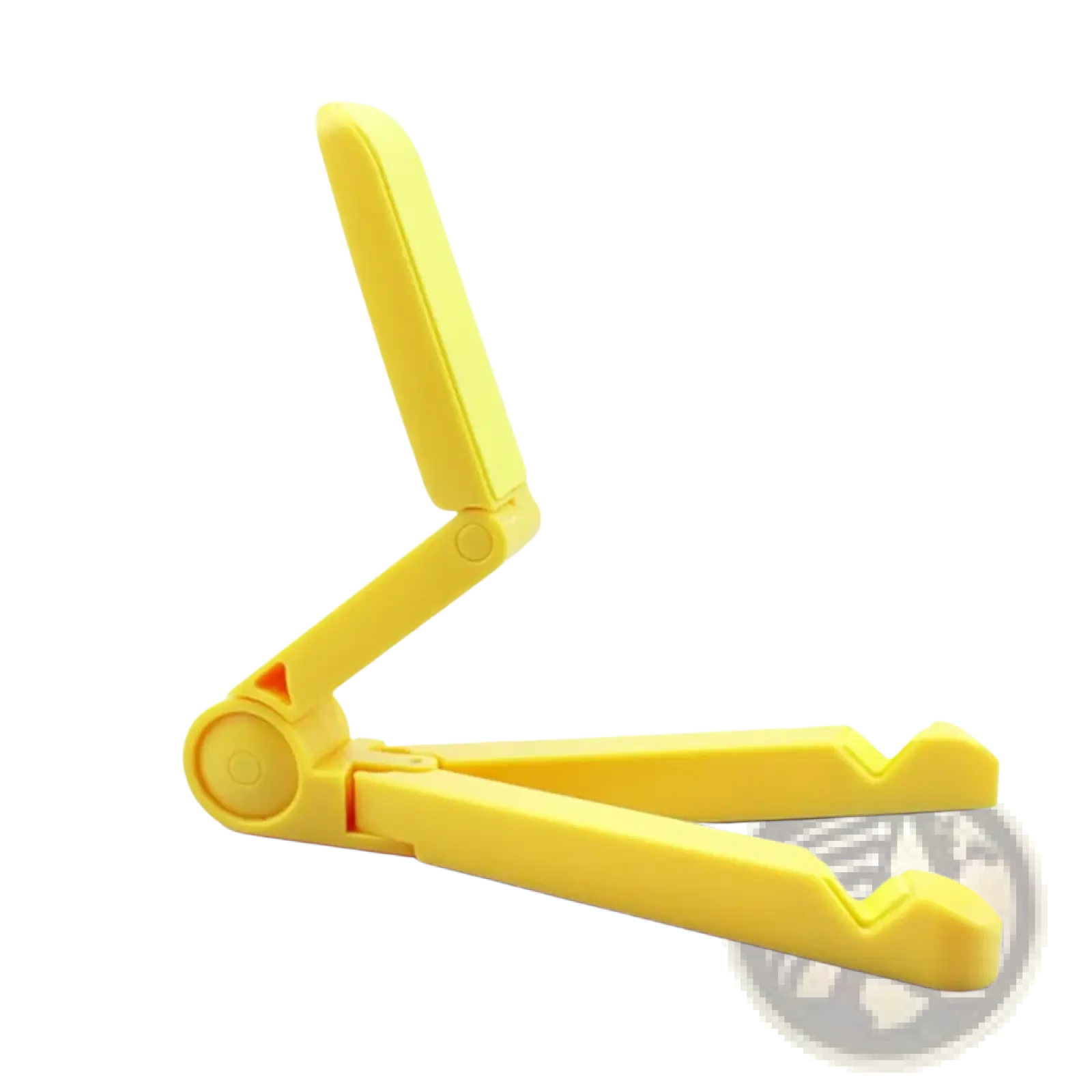 Yellow plastic foldable adjustable phone stand designed for tablets and phones with portability features