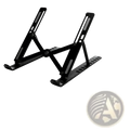 Black metal foldable aluminum laptop stand with adjustable height and angled support arms for ergonomic use