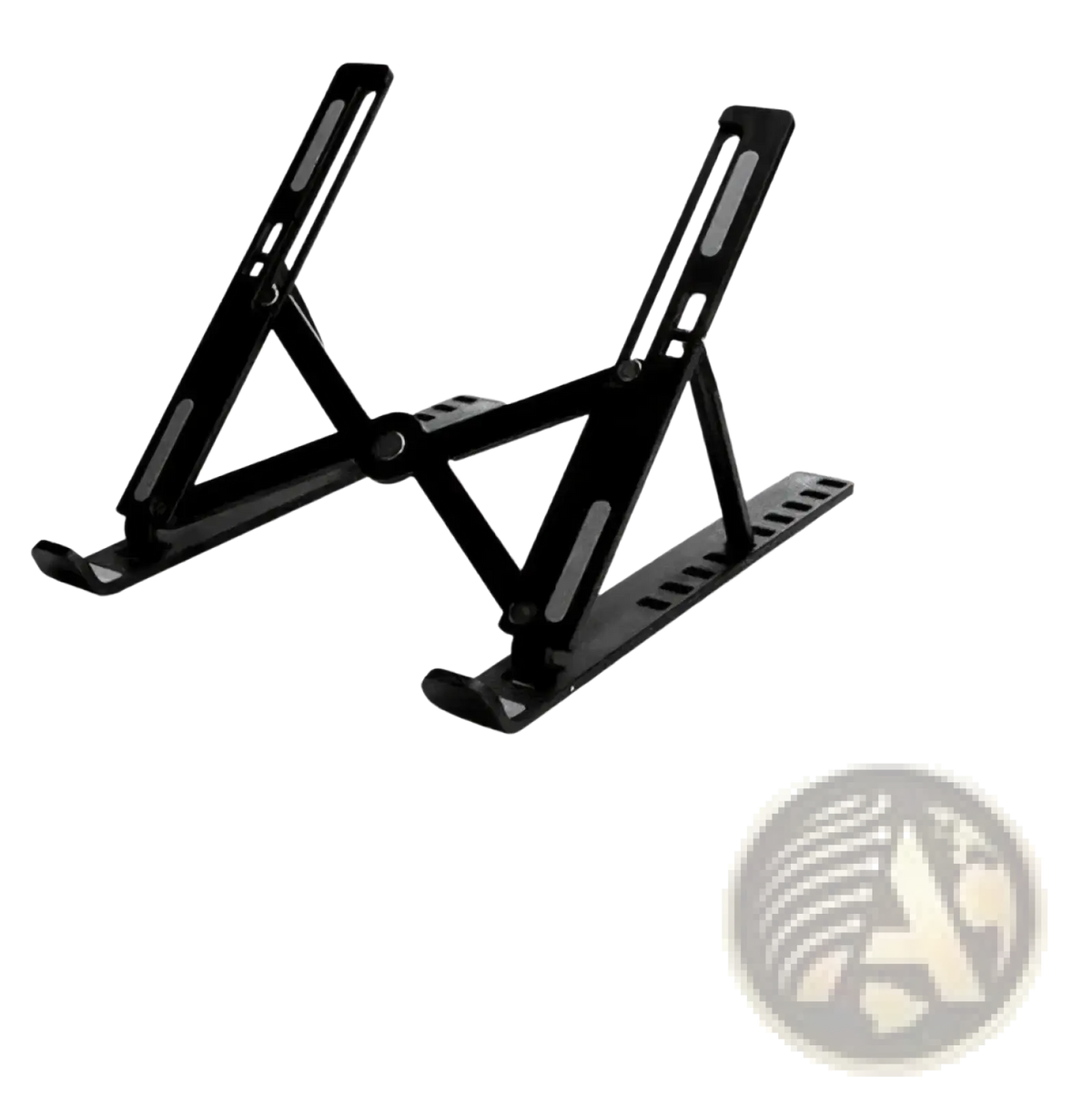 Black metal foldable aluminum laptop stand with adjustable height and angled support arms for ergonomic use