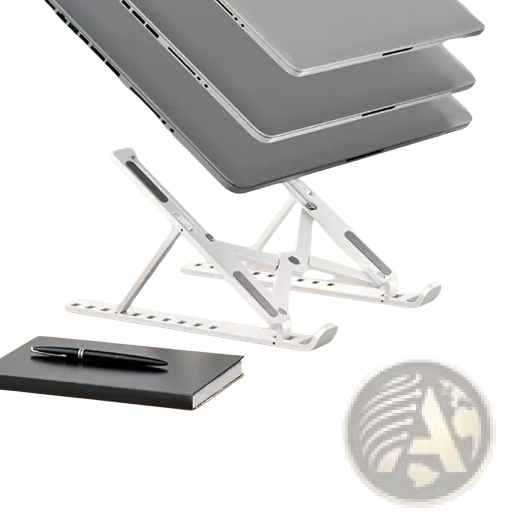 Silver aluminum foldable adjustable laptop stand with height and angle settings for 10 to 17.3 inch laptops