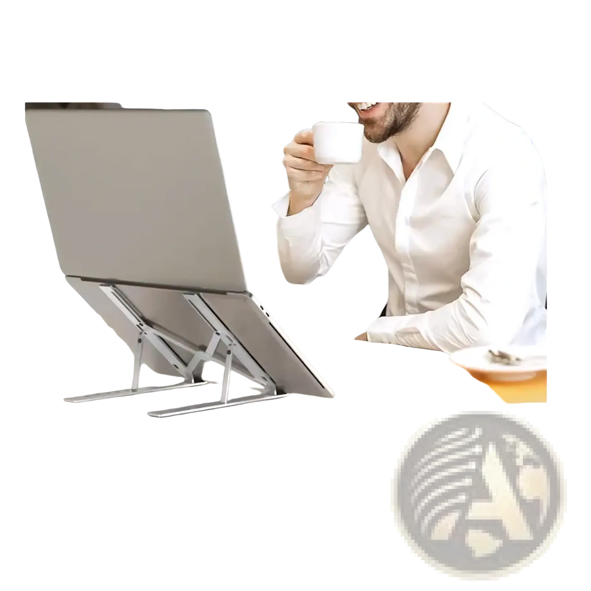 Silver metallic foldable aluminum adjustable laptop stand supporting a silver laptop for ergonomic use