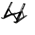 Black metal foldable aluminum laptop stand with adjustable height and angled support arms for ergonomic use