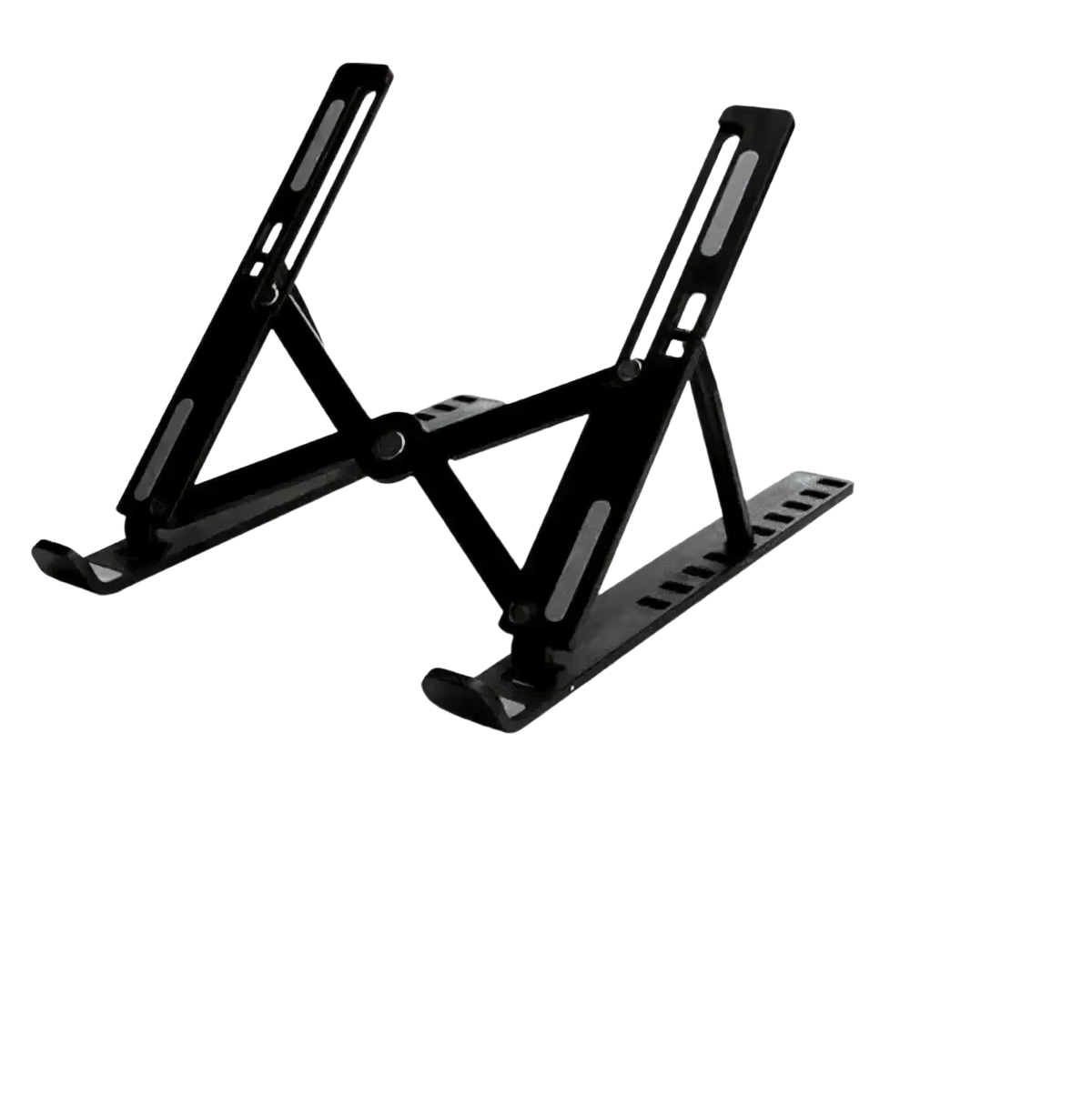 Black metal foldable aluminum laptop stand with adjustable height and angled support arms for ergonomic use
