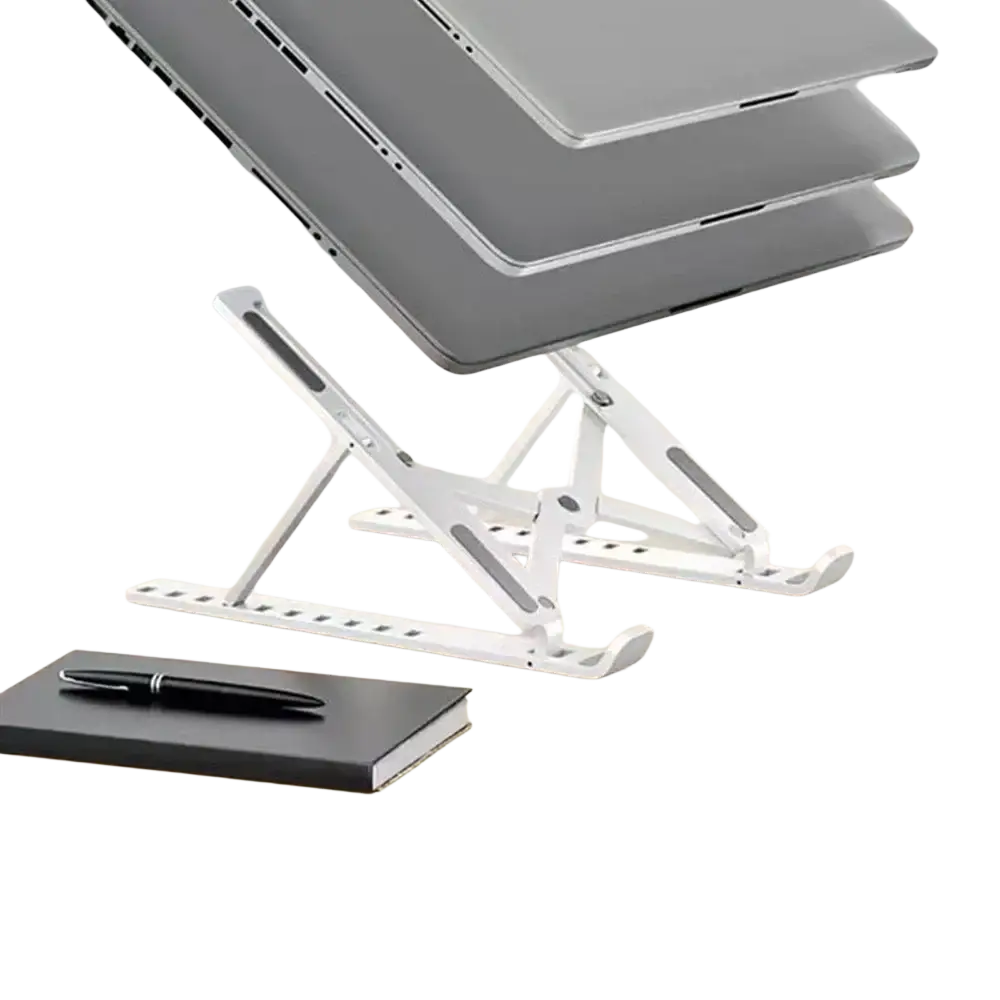 Silver aluminum foldable adjustable laptop stand with height and angle settings for 10 to 17.3 inch laptops