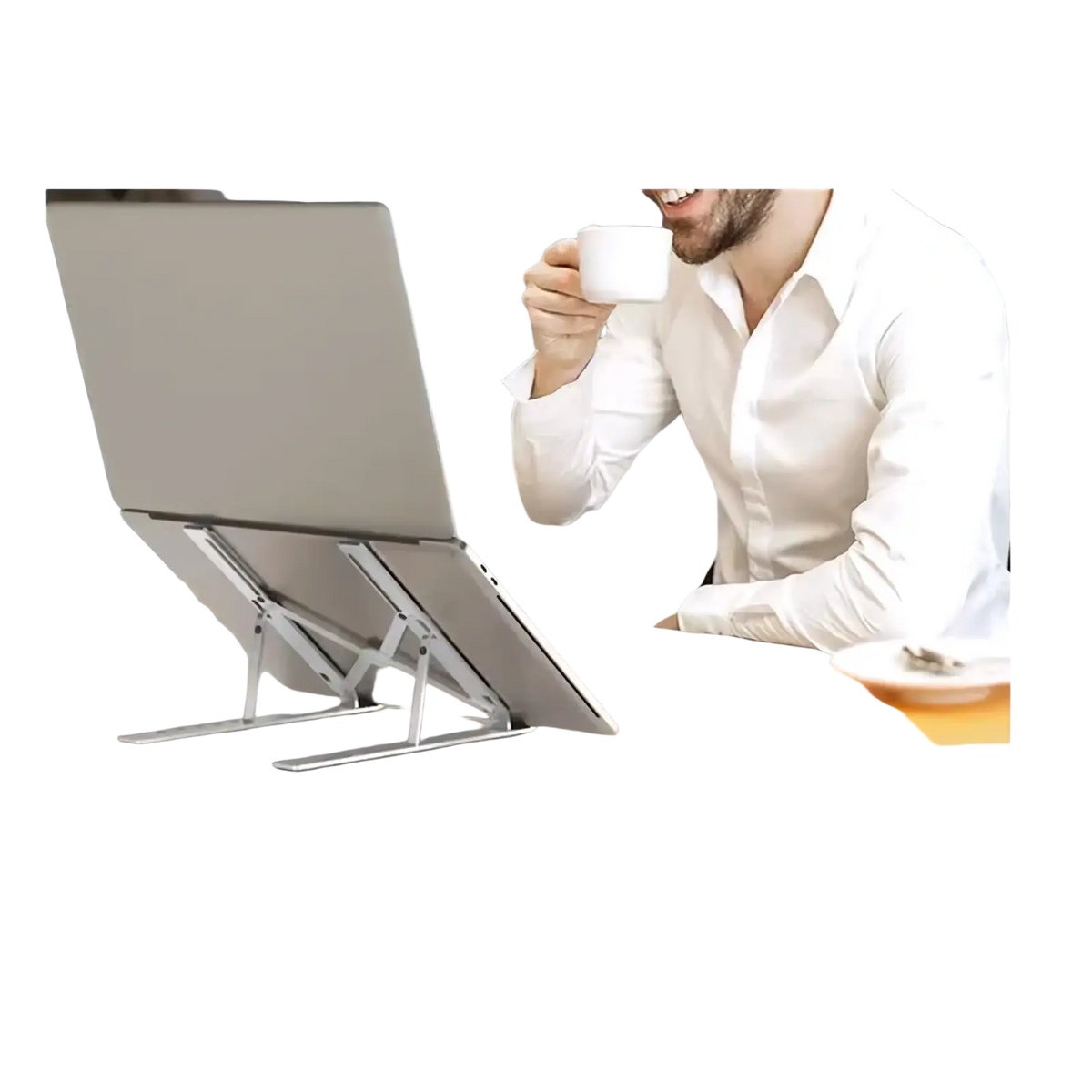 Silver metallic foldable aluminum adjustable laptop stand supporting a silver laptop for ergonomic use