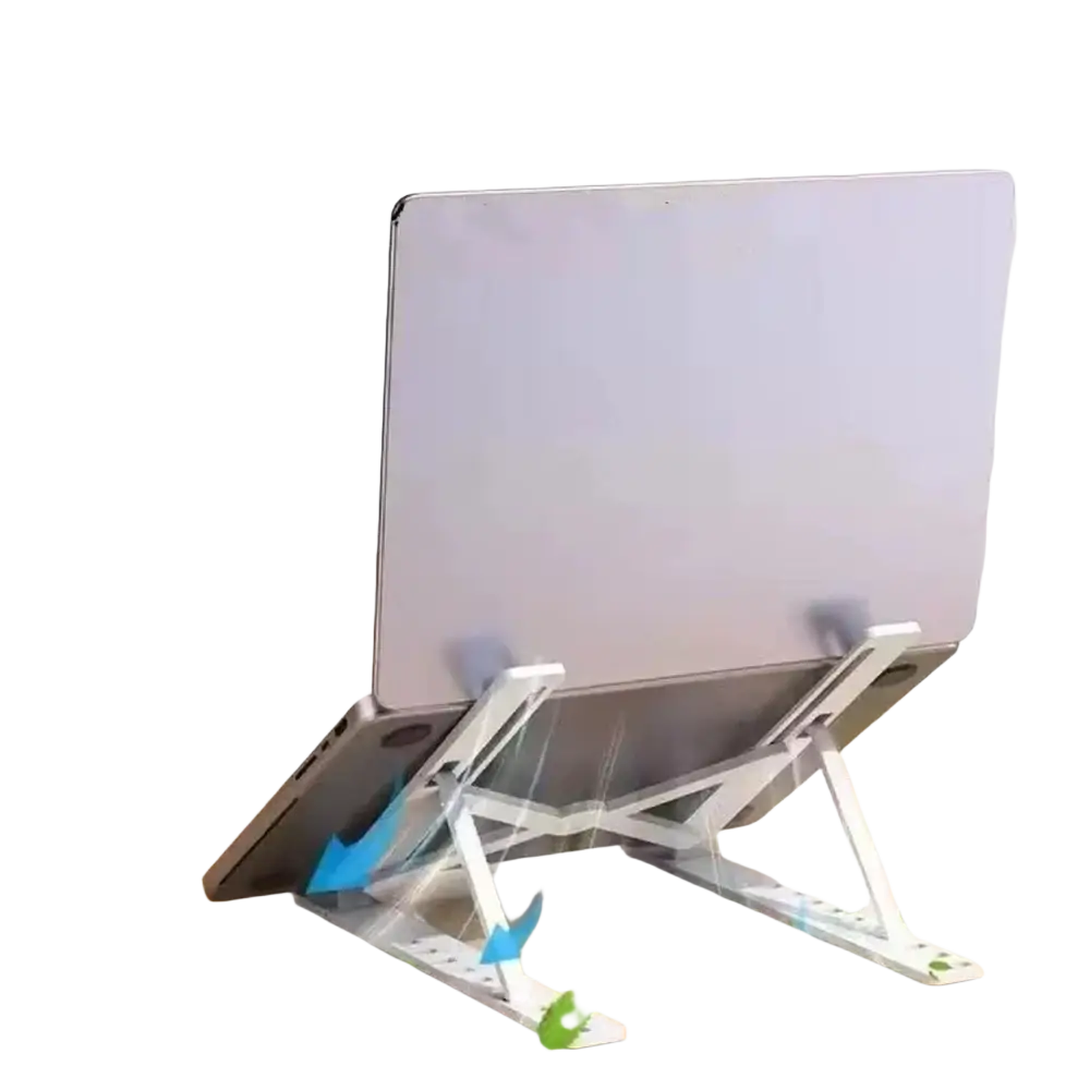 Silver metallic foldable aluminum adjustable laptop stand with open heat dissipation design for better cooling