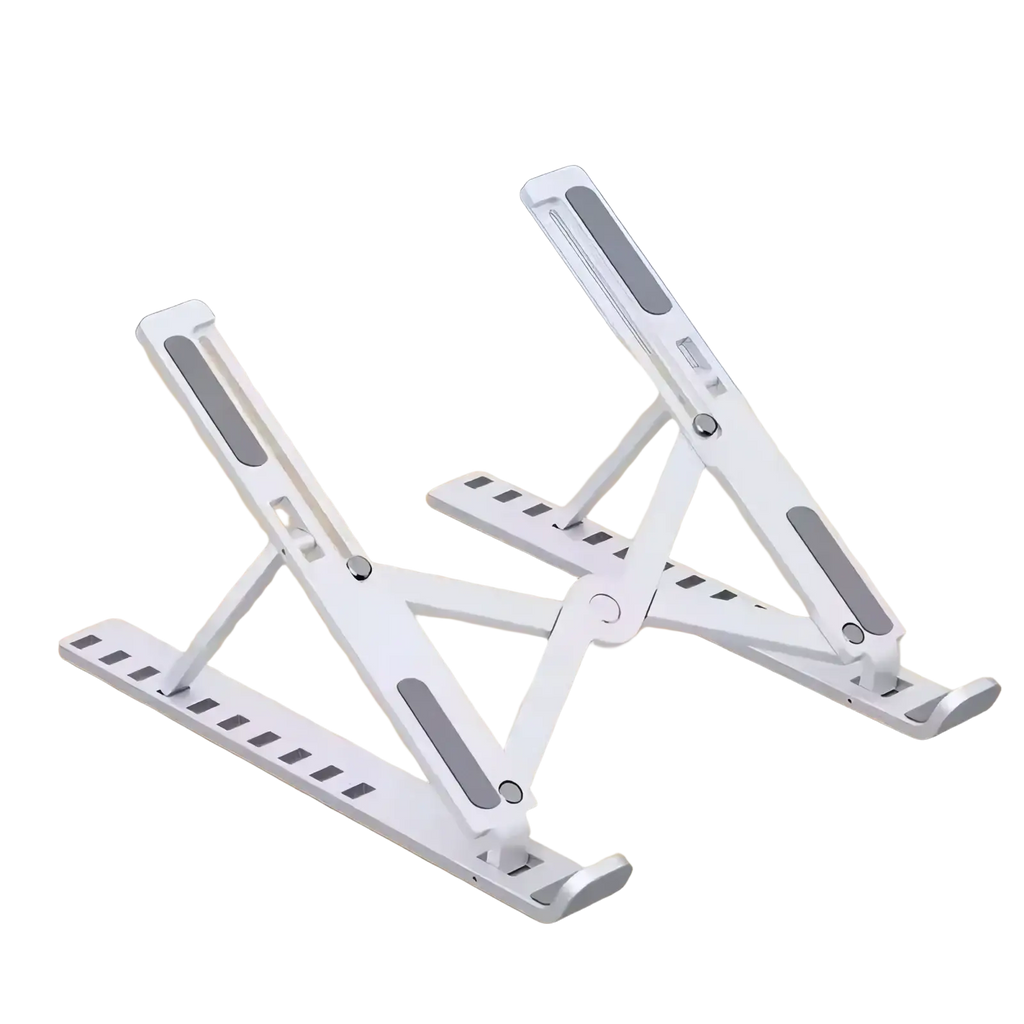 White beechip foldable aluminum adjustable laptop stand with gray textured panels and adjustable height settings