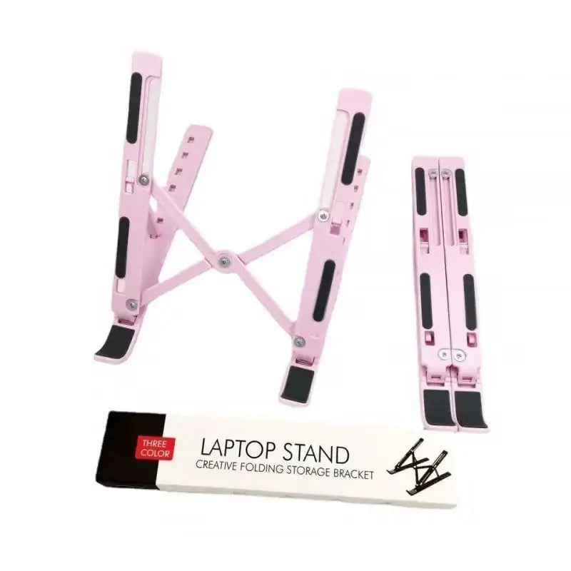 Pink foldable aluminum laptop stand with heat dissipation and black rubberized grip pads for stability