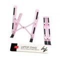 Pink foldable aluminum laptop stand with heat dissipation and black rubberized grip pads for stability