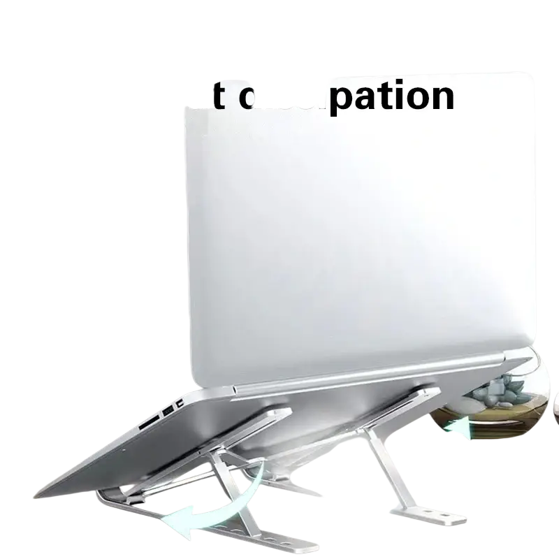 Silver metallic foldable aluminum laptop stand with bottom hollow-out design for heat dissipation and stability