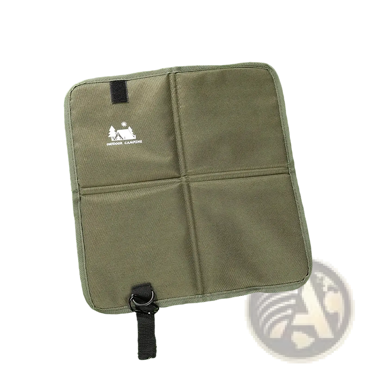 Olive green foldable camping seat cushion with four compartments and black strap with red zipper pull moisture proof hiking mat