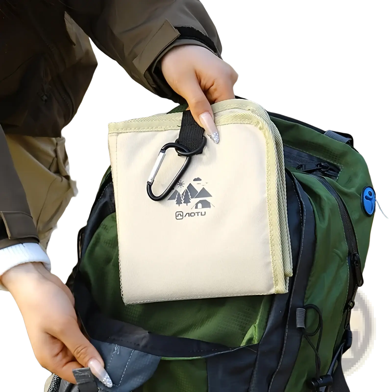 Beige aotu branded foldable camping seat cushion with moisture proof fabric, reinforced stitching, and black carabiner clip