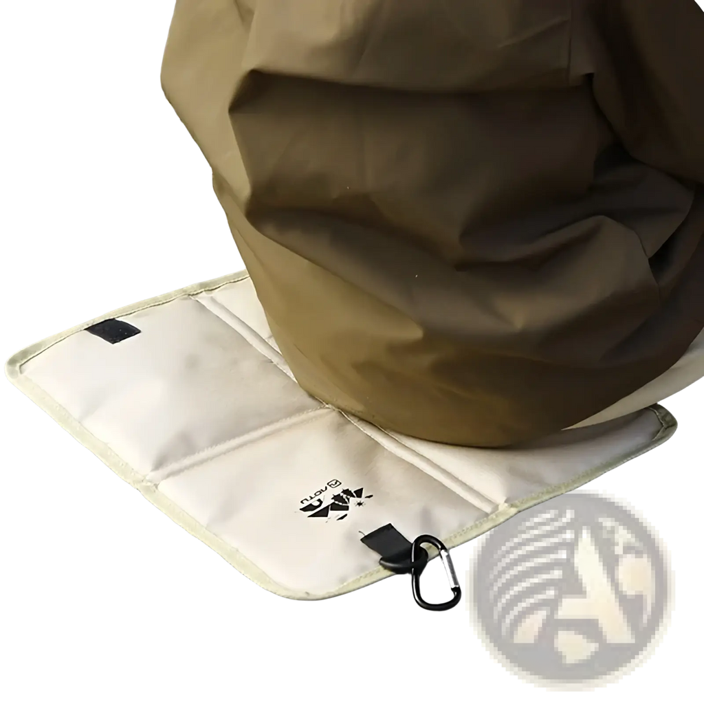 Beige foldable moisture proof camping seat cushion with black carabiner and logo patch for hiking and outdoor use