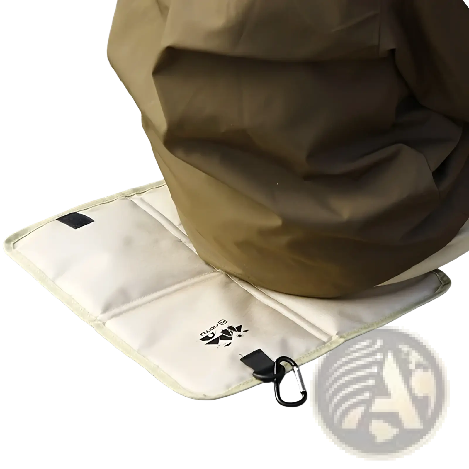 Beige foldable moisture proof camping seat cushion with black carabiner and logo patch for hiking and outdoor use