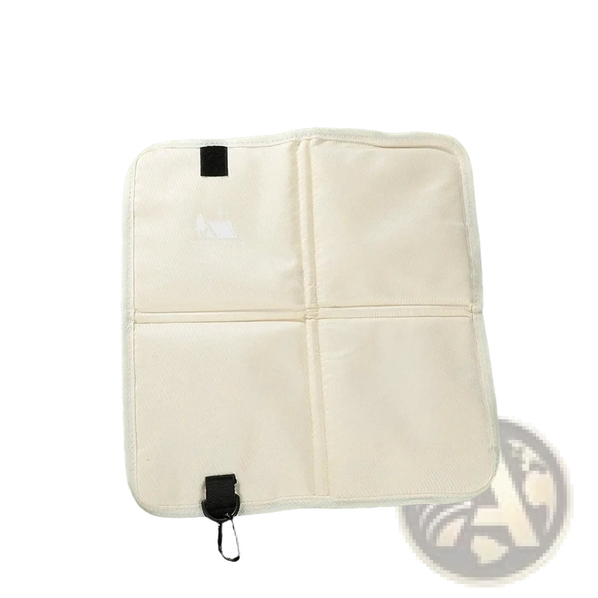Cream-colored quilted fabric foldable camping seat cushion with black velcro straps and detachable hook for hiking
