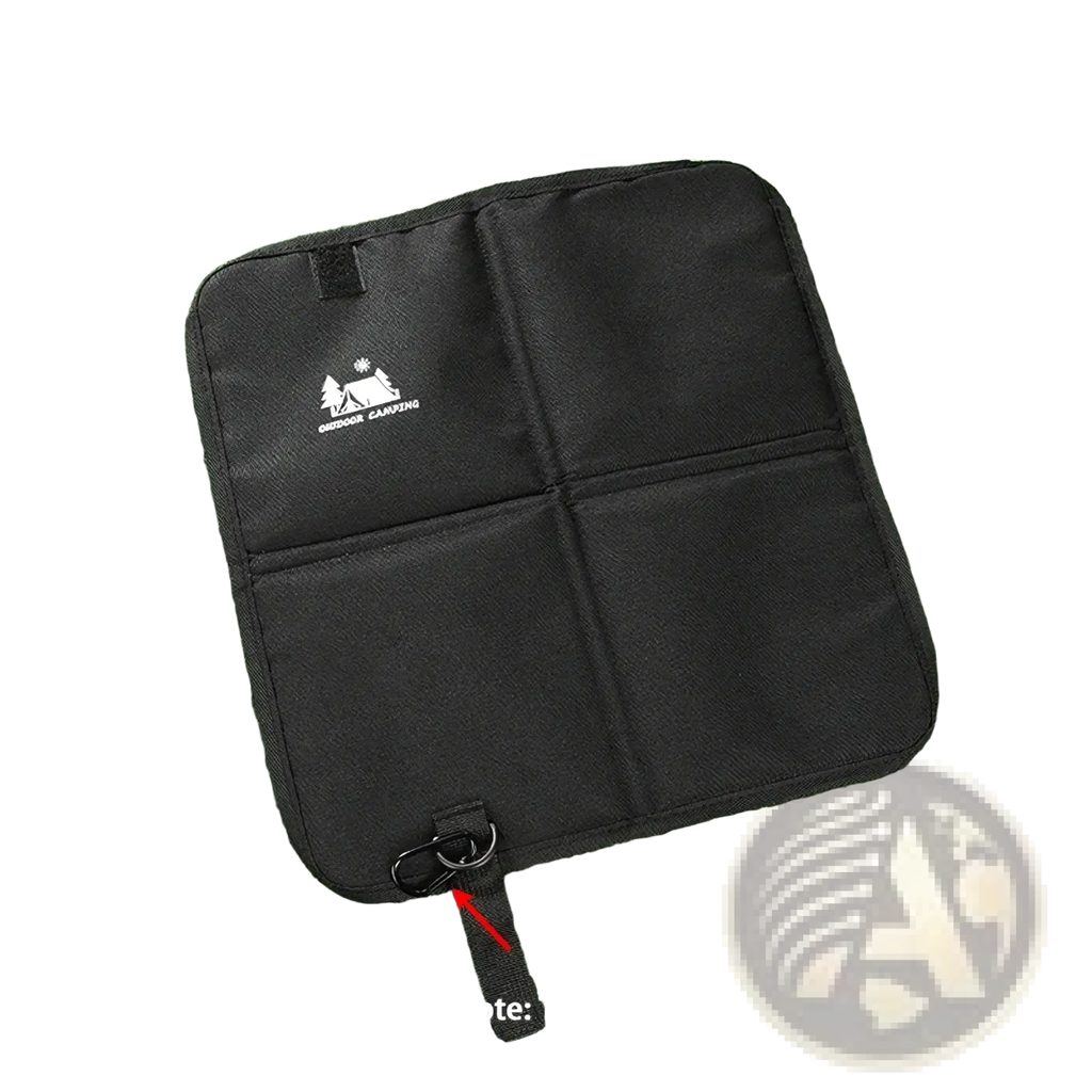 Black fabric foldable camping seat cushion with white logo and reinforced stitching moisture proof hiking mat