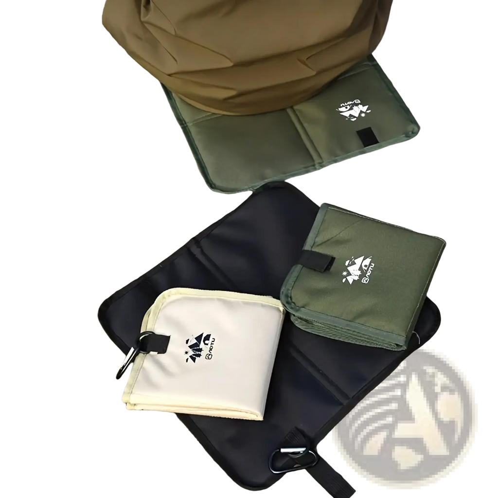 Olive green and cream foldable camping seat cushion moisture proof hiking mat with black carabiner clips and logo branding