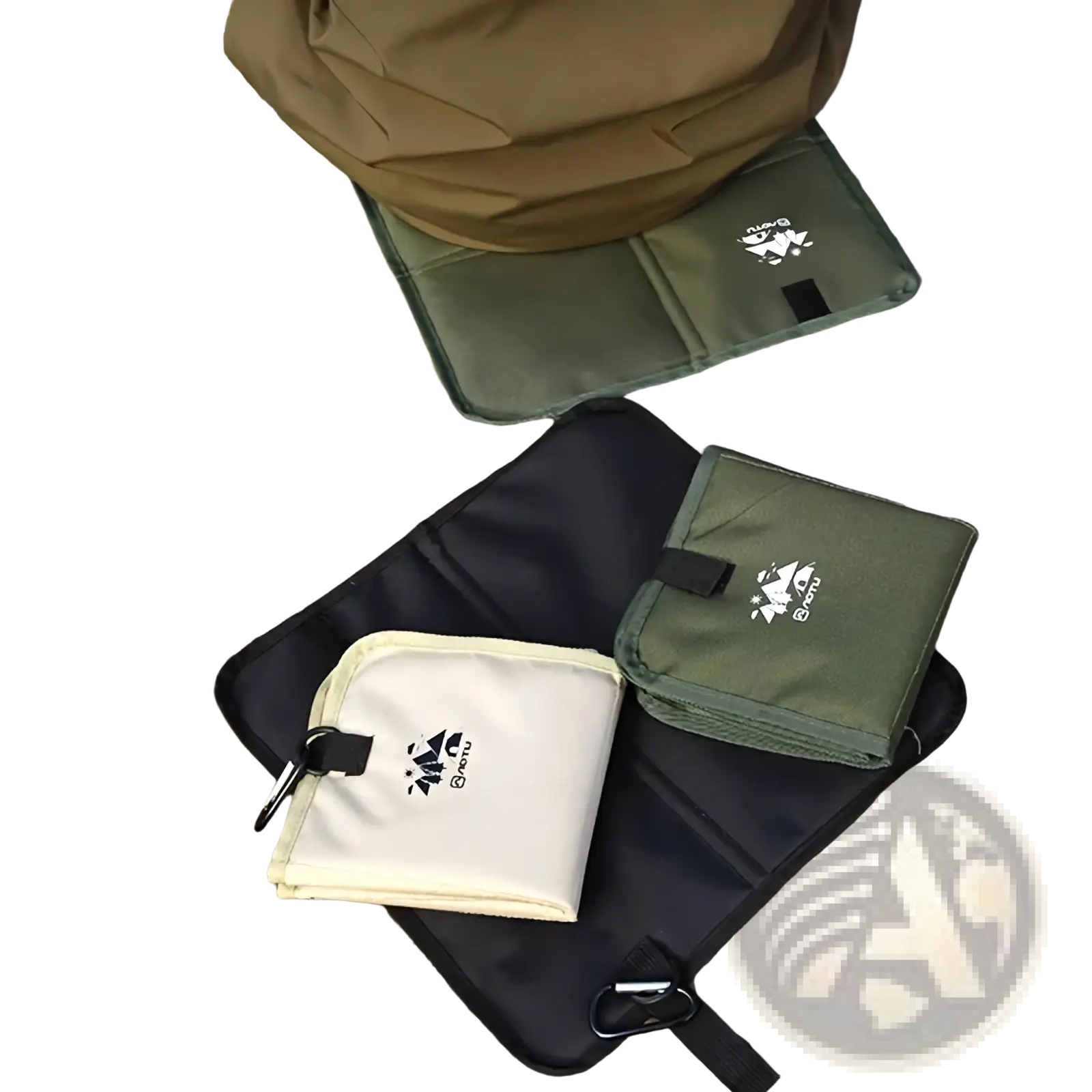 Olive green and cream foldable camping seat cushion moisture proof hiking mat with black carabiner clips and logo branding