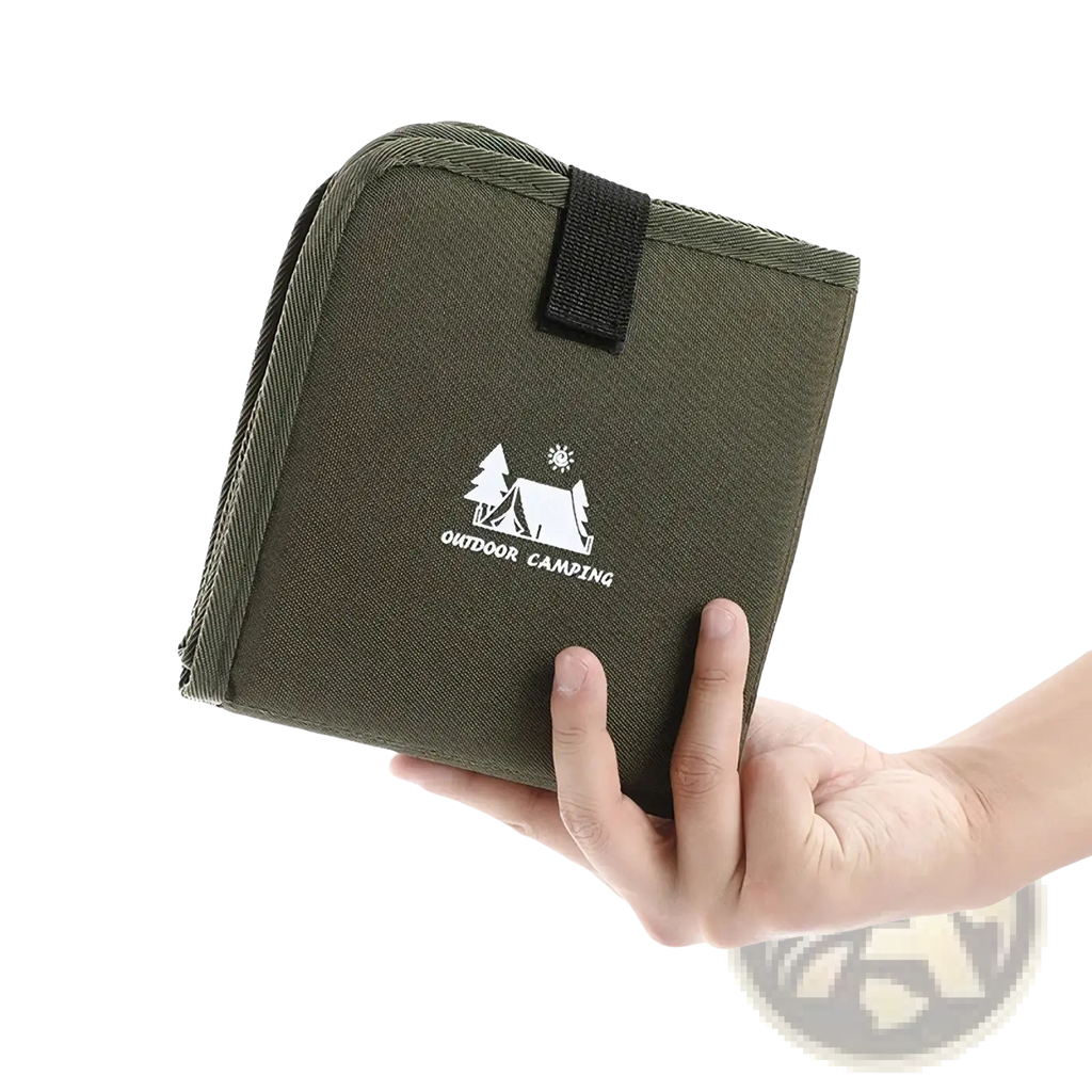 Olive green canvas foldable camping seat cushion with moisture proof feature and black strap outdoor camping logo