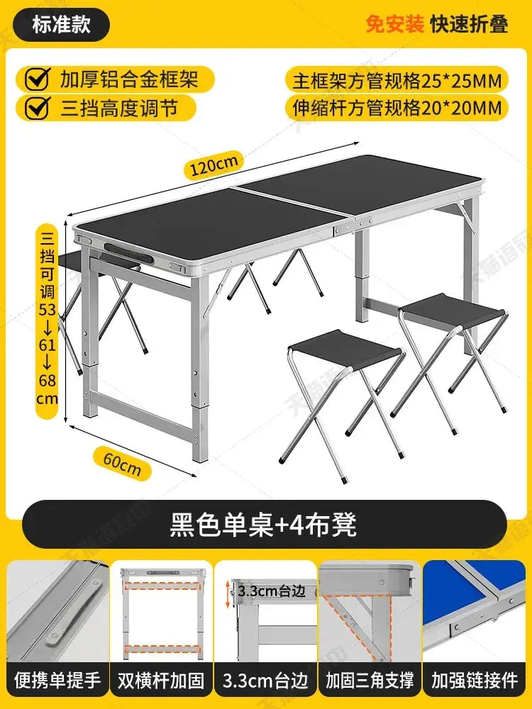 Black foldable camping table with silver aluminum frame and three height adjustment settings for outdoor use