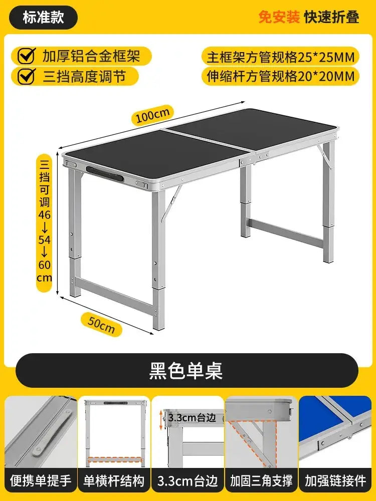 Black foldable camping table set with stools featuring a sturdy aluminum frame and adjustable height settings
