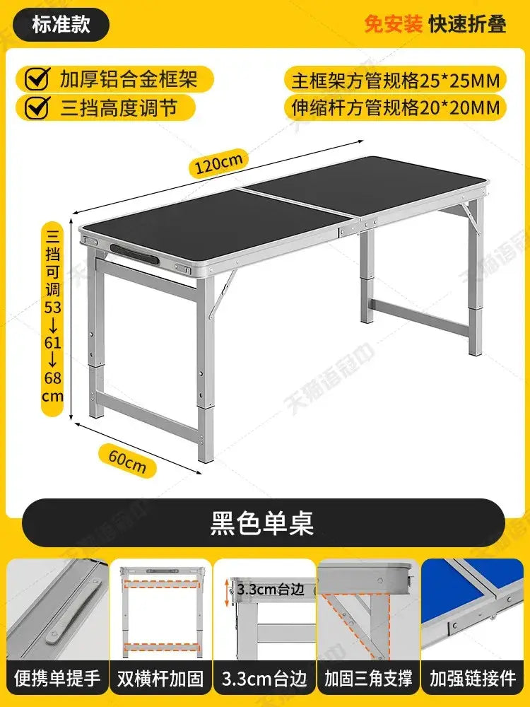 Black foldable camping table with sturdy aluminum frame designed for portable outdoor use