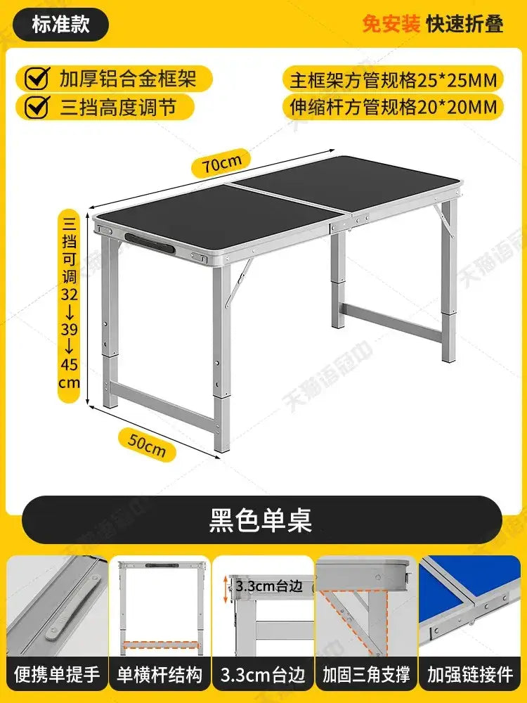 Black foldable camping table set with stools featuring a sturdy aluminum frame and adjustable height settings