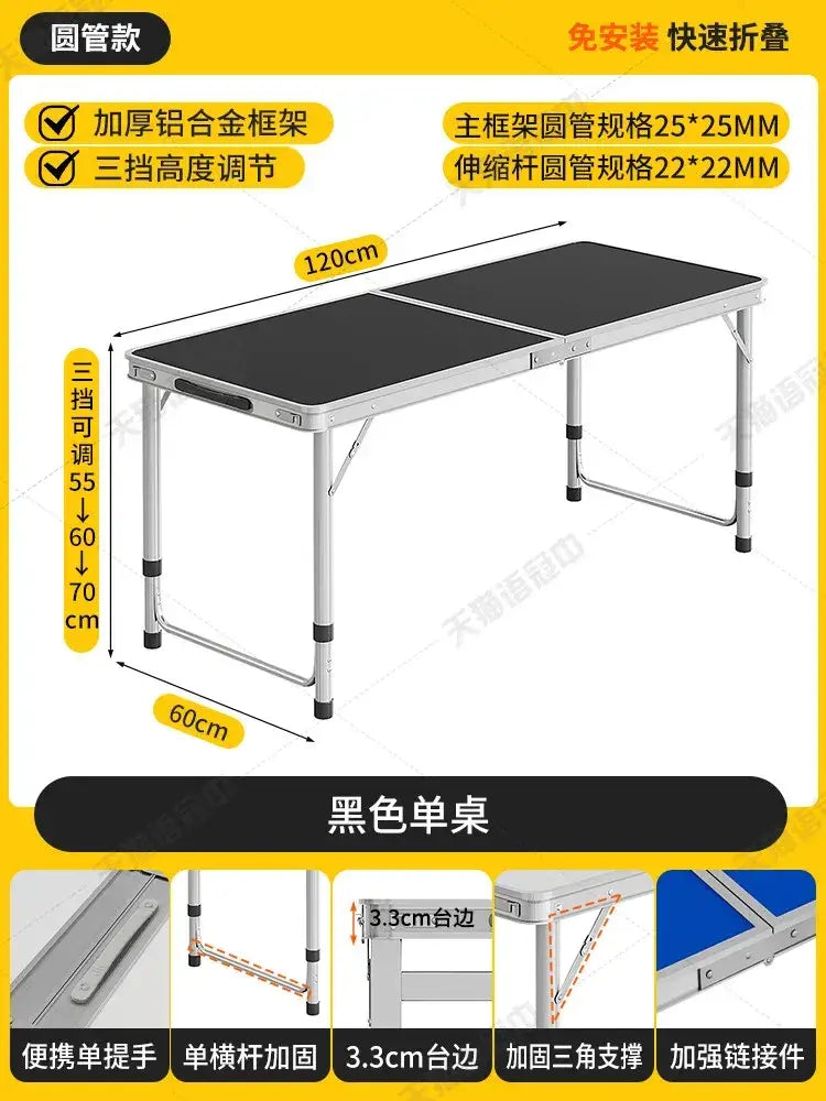 Black foldable camping table set with stools featuring a sturdy aluminum frame and adjustable height settings