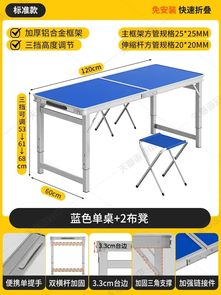 Foldable camping table set with blue folding table and stools featuring silver aluminum frame for outdoor use